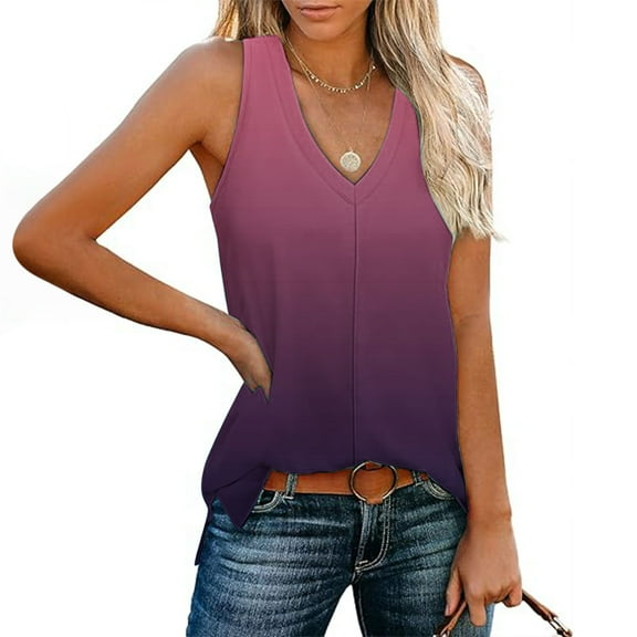 GaThRRgYP Summer Womens Tank Tops,Women Tops Summer T-Shirts,Ladies' Loose and Casual New Gradient V-neck Sleeve with Side Slit Casual Fashion Top Purple XL