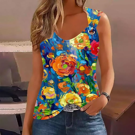GaThRRgYP Summer Womens Tank Tops,Womens Blouse V Neck T Shirts,Women's Fashionable Sleeveless Casual Printing Metal Round Neck Shirts Blouses Tank Multicolor M