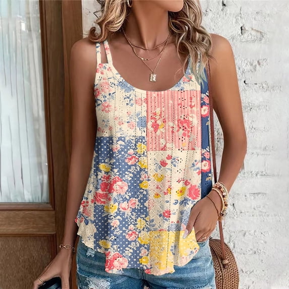GaThRRgYP Summer Womens Tank Tops,Womens Summer Tops Plus Size,2025 Women's Spring and Summer New Tank Eyelet Embroidery Neck Fashion Print Casual Fashion Top Multicolor XXL