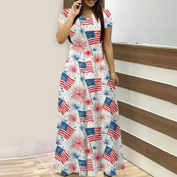 GaThRRgYP Sundresses for Women Casual Summer,Independence Day Ladies Fashion Women Short Sleeve Round-Neck Dress Printed Long Dresses Pocket Red XXL