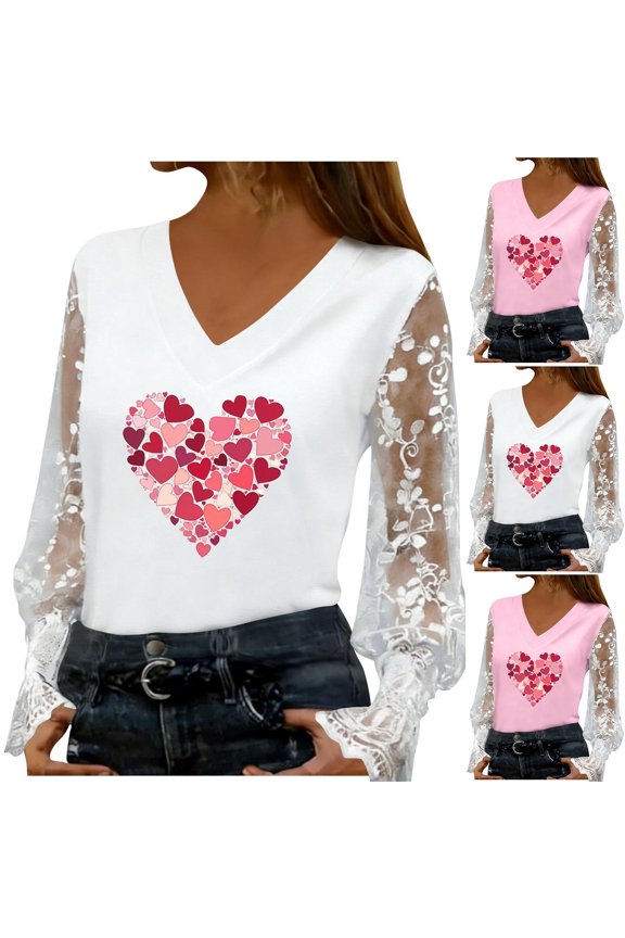 Sweatshirts for Women Long Sleeve Shirts,Women's Romantic Lace Insert V-Neck Blouse with Floral Day Print and Delicate Sleeves for A Feminine and Elegant Look White S