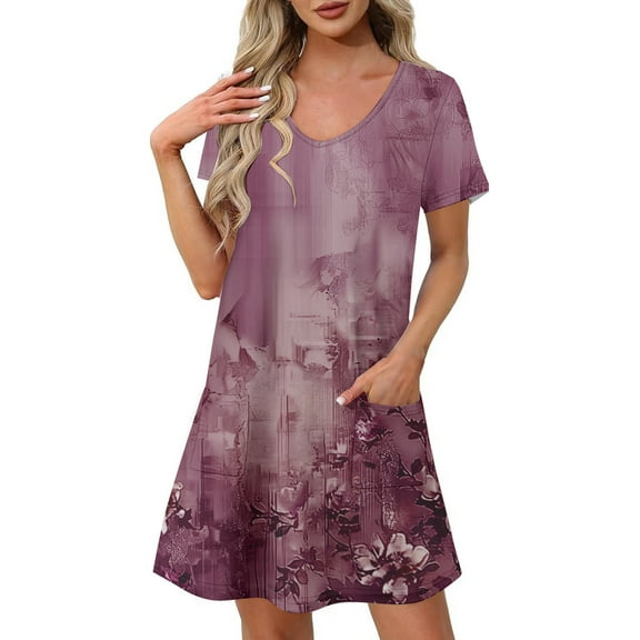 GaThRRgYP Tea Party Dresses for Woman,Women's Fashion Summer Print Short-sleeved V-neck Casual Dress Wine S