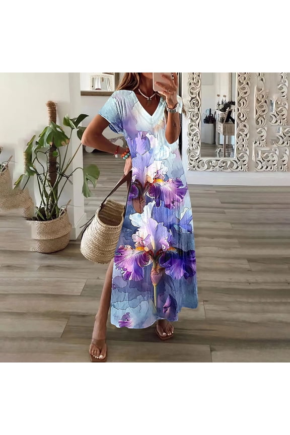Thermal-Regulation Short Sleeve V-Neck Dress-Cooling Tech,Womens Spring and Summer V-Neck Solid Casual Short Sleeved Long Dress Purple M