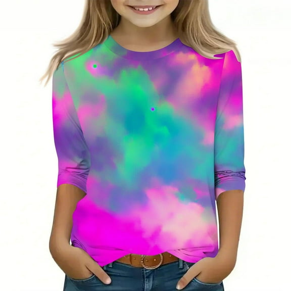 GaThRRgYP Toddler Girl Top,Men's and Women's Tie Printed Quarter Sleeve Round Neck Children's Top Pullover Base Shirt Multicolor#18 4 Years