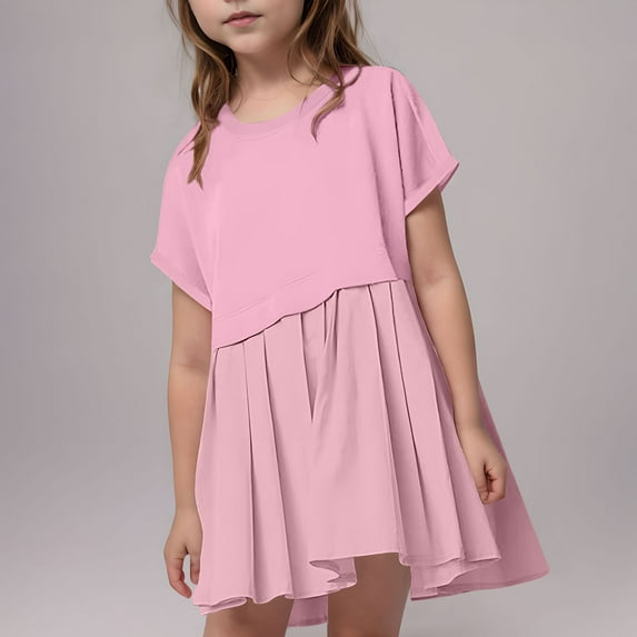GaThRRgYP Toddler Girls Smocked Dress Spring Summer,Girls Solid Pleated Sweatshirt Dresses Kids Fashion Short Sleeved Round Neck Mini Dress Skirt 5-14 Years Pink 11 Years