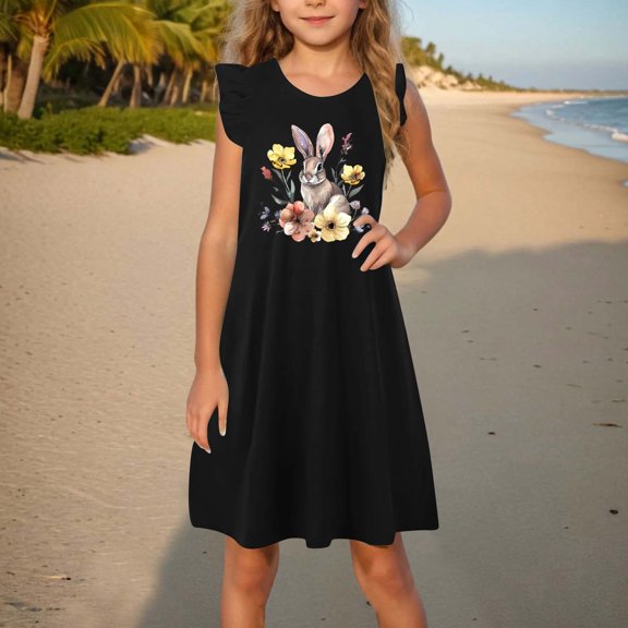 GaThRRgYP Toddler Girls Smocked Dress Spring Summer,Toddler Girls Dress Summer Ruffle Sleeve Sundress Outfit for Kids 4-14T Black 9 Years
