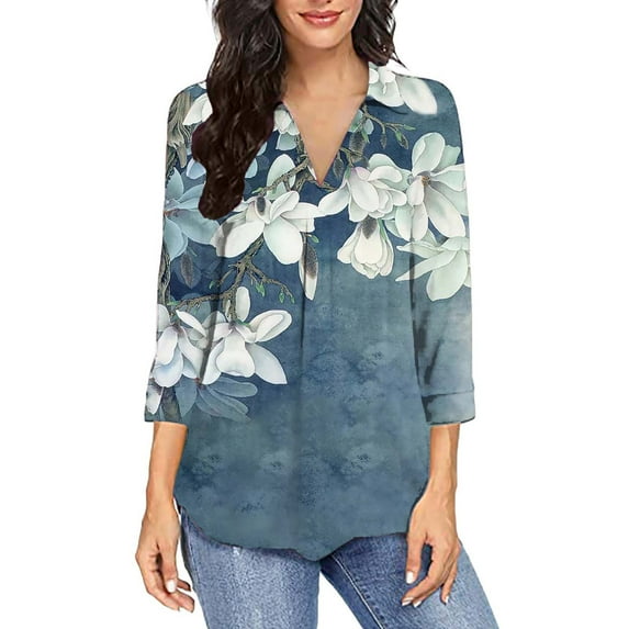 GaThRRgYP Tops for Women Trendy,Plus Size Tunic Tops for Women Clothes,Fashion Woman V Neck Three Quarter 3/4Sleeve T Shirt Printing Blouse Tops Sweatshirt Blue L