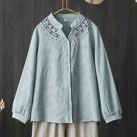 GaThRRgYP Tops for Women Trendy,Summer Tops for Girls,Ethnic Style Colorful Embroidery Age Reducing V-neck Long Sleeved Shirt Women's Flesh Shielding and Top Standing Collar Shirt Green XXL