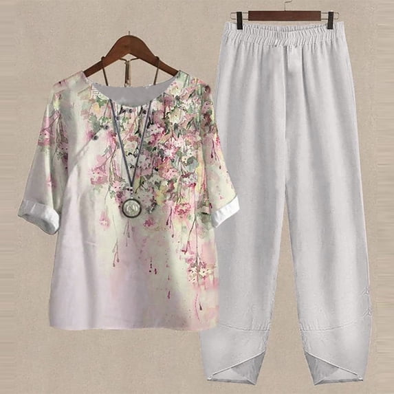 GaThRRgYP Tops for Women Trendy,Womens Tops under $10,Women's Summer Printed Short Sleeve Half Sleeve Round Neck Cropped Top + Casual Pants Suit Set Two Piece Lounge Set