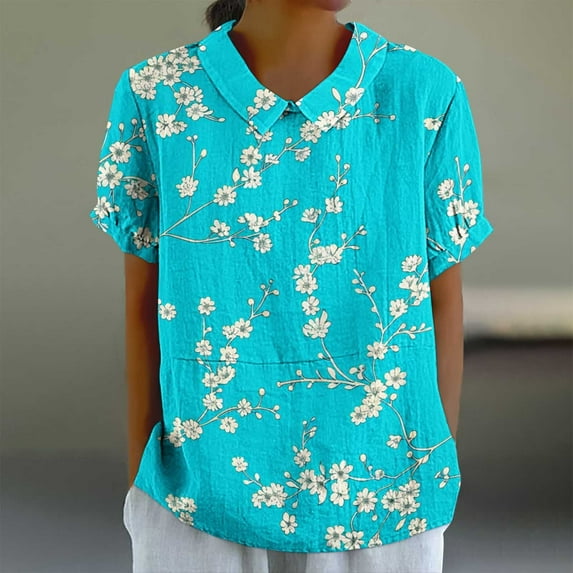 GaThRRgYP Tops for Women 2024,Women's Ladies Fashion Casual Cropped Short Sleeve Printing Loose Shirt Blouse Top Sky Blue XXL