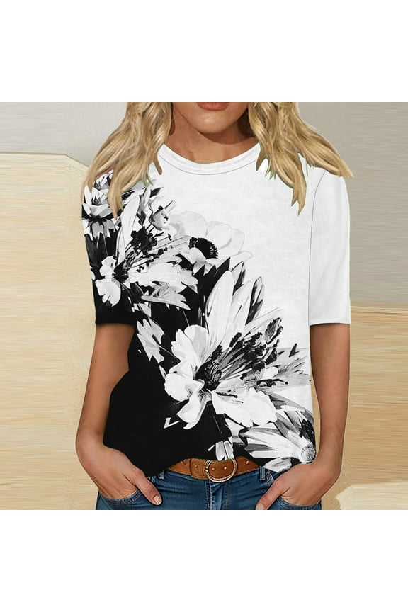 Black*Friday Discounted Items under $5 GaThRRgYP Tops for Women Trendy,Tops for Women Trendy Summer,Women's Half Sleeves Casual Shirts Pullover Loose Tunic Tops Print Blouse Black XXL