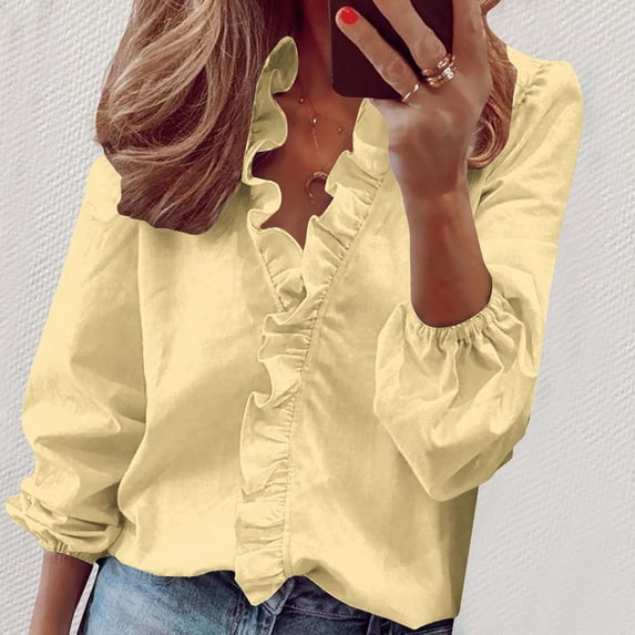 GaThRRgYP Tops for Women Trendy,Women Tops Summer T-Shirts,Women Casual Full Sleeve V-Neck Tops Loose Plus Size Women Clothing Beige M