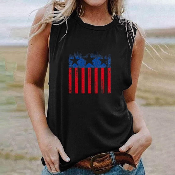 GaThRRgYP Tops for Women Trendy,Women's Elegant Sleeveless Dress Top,Women's Independence Day Printed Round-neck Tank Tops Loose Tops Black S