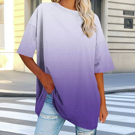 GaThRRgYP Trendy Women's Short Sleeve Blouse for Summer Outfits,Women's Plus Size Round Neck Short Sleeved Solid Summer Base Shirt Sports T-shirt Tops Purple S