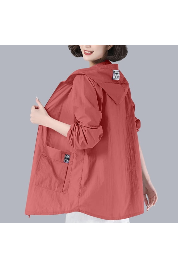 UPF 50+ Women's Long Sleeve Tunic Summer Sun Defense Layer,Women's Solid Color Sunscreen Suit With Pocket Zipper Long Sleeved Hooded Casual Fashion Outwear Red L