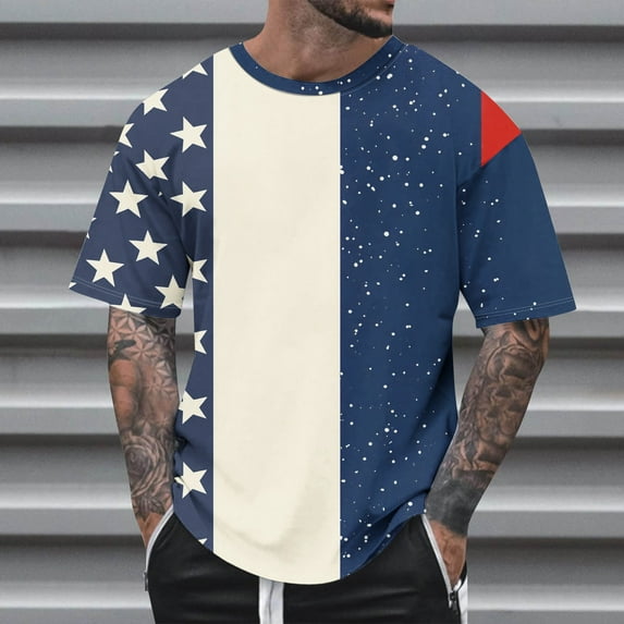 GaThRRgYP USA Flag 4th of July Independence Day American Flag Men's Tee Shirt,Summer Fashion Casual Men's Round Neck Printed T-shirt Top Multicolor M