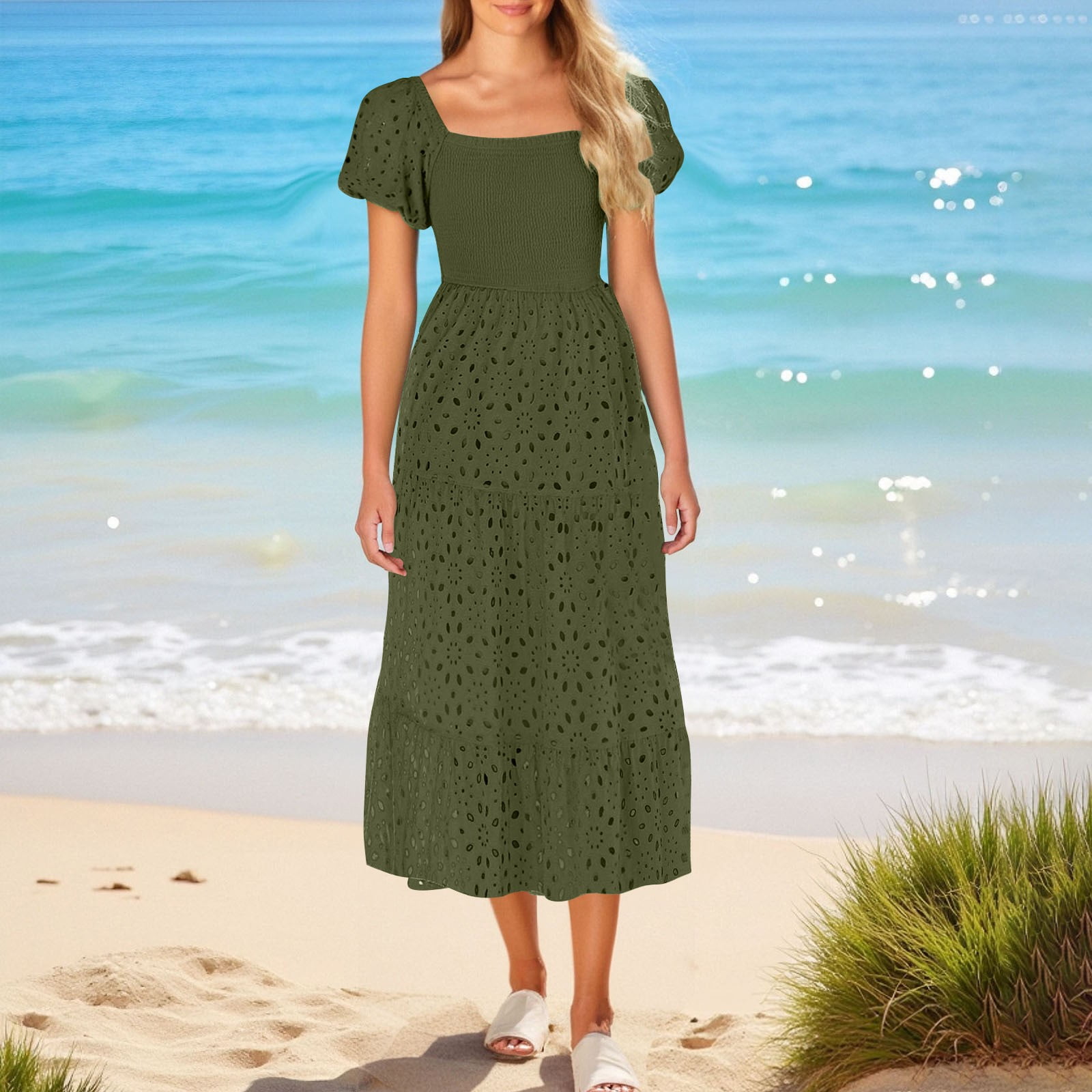 GaThRRgYP Vacation Ready Floral Print Short Sleeve Crew Neck Dress,Women's Casual Printed Pleated Elastic Waist Sleeveless V-Neck Dress Army Green S