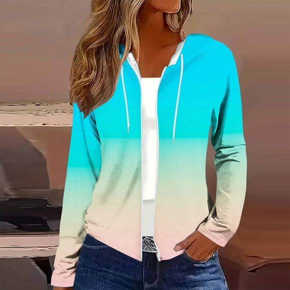 GaThRRgYP Warm Autumn Winter Versatile Jacket for Ladies,Women Casual and Fashionable Loose Solid Color Long Sleeved Zipper Hooded Top Cardigan Light Blue S