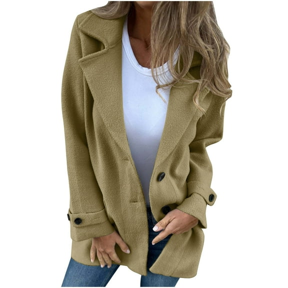GaThRRgYP Water Resistant Wool Blend Trench Coat Women Fall,Women's Woolen Coat Casual Loose Lapel Fake Pocket Cardigan Long Sleeve Hoodless Casual Coat/jacket Khaki S
