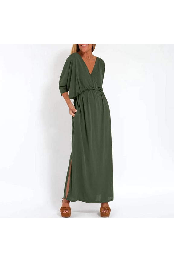 Watercolor Art Print Short Sleeve V-Neck Dress-Unique Design,Women's Fashion Sleeveless Back Dress Army Green M