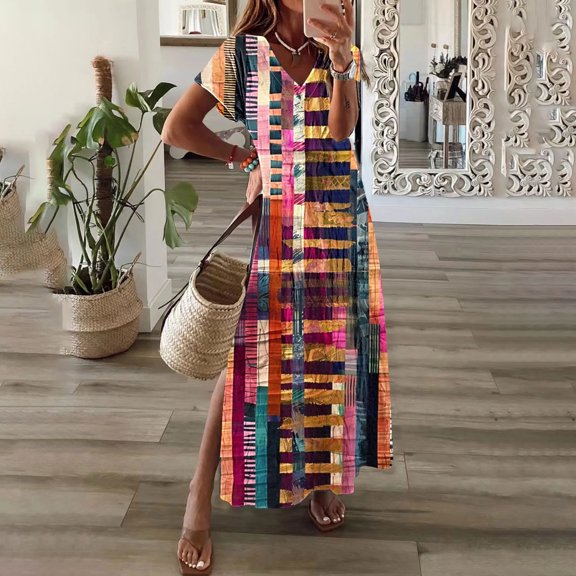 GaThRRgYP Watercolor Floral Short Sleeve V-Collar Dress-Artistic,Womens Spring and Summer V-Neck Solid Casual Short Sleeved Long Dress Multicolor S