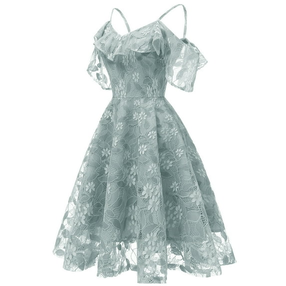 GaThRRgYP Women Casual Dress Summer Dress,Women Lace Off-The-Shoulder Sling Short Sleeves Cocktail Prom Ballgown Vintage Dress Light blue XL