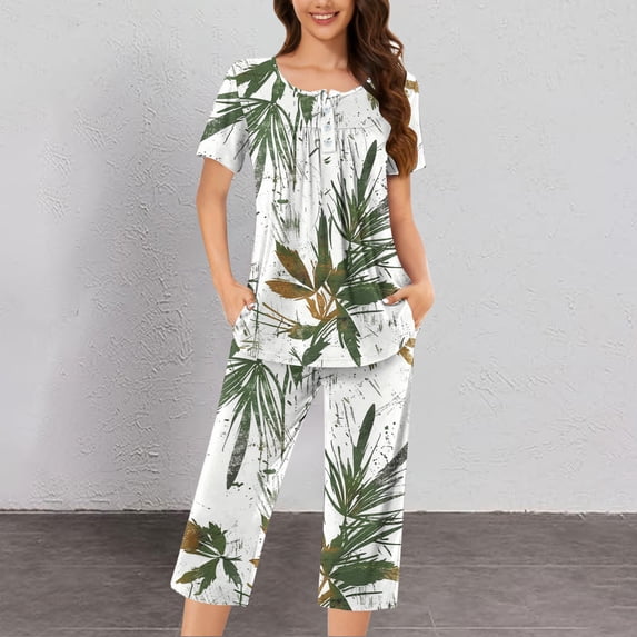 GaThRRgYP Women Cotton Pajamas Set Short Sleeve Tshirts Top Capri Pants,2PC Women's Solid Color V Neck Lace Splicing Short Sleeve Sleepshirt and Pants Sets Loungewear Pajamas with Pockets Blue XXL