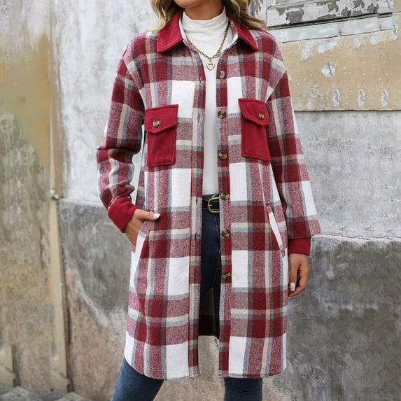 GaThRRgYP Women Longline Wool Trench Coat Autumn,Women's Winter Mid-Length Plaid Woolen Coat Brushed Plaid Long Sleeve Cardigan Jacket Red L