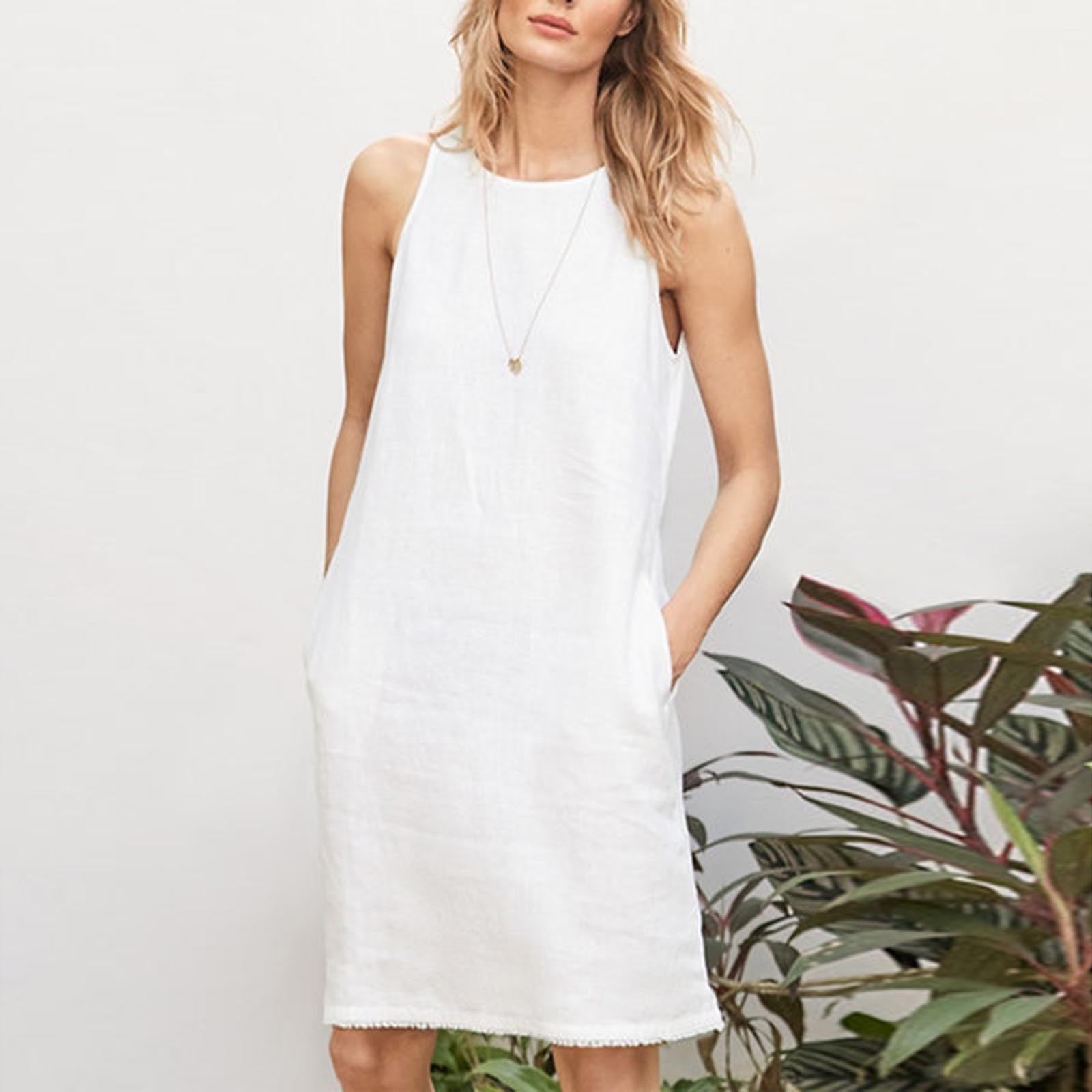 tank top dress loose Cotton Summer Dress Womens Sleeveless Scoop Neck Tank Top Mid Long Dress  with Pockets Loose Casual Dresses, L Coffee