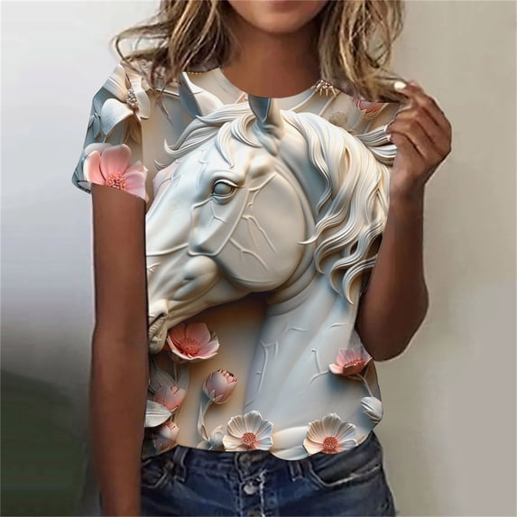 GaThRRgYP Women Tops Summer T-Shirts Short Sleeve,Casual Women's Relief Printing T Shirt Graphic Outdoor Daily Vacation Short Sleeve Crew Neck Shirt Spring Fall Clothing Apparel Khaki XXXL