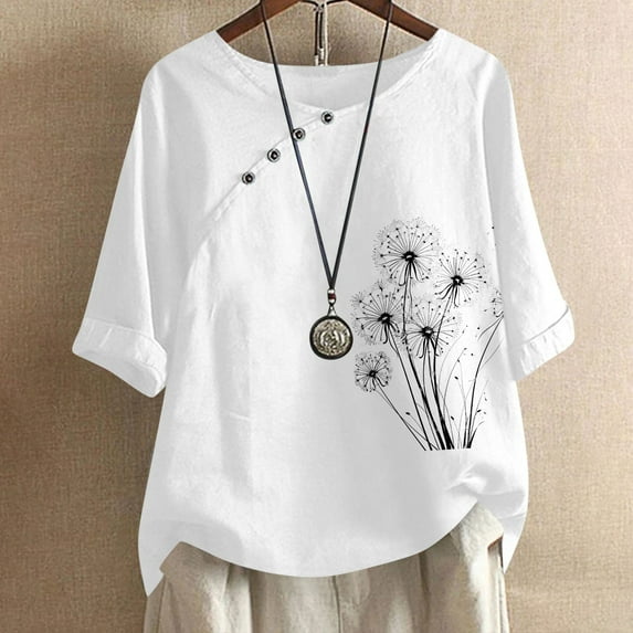GaThRRgYP Women Tops Summer T-Shirts Short Sleeve,Plus Size Tops for Women Dressy,2026 Women's Casual Fashion Crew-neck Button-printed Short-sleeved Top White S