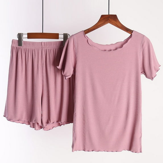 GaThRRgYP Women Two Piece Outfits Summer,Women Summer Casual Two Piece Suit Pajamas Ribs without Marks Flounce Short Sleeved Round Neck Top/Shirt Set