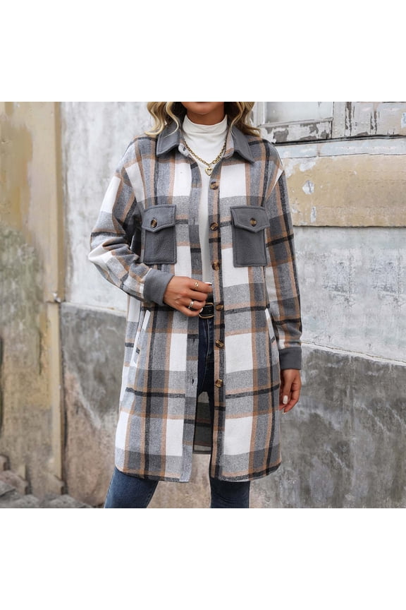 Women Wool Blend Trench Coat Cold Weather,Women's Winter Mid-Length Plaid Woolen Coat Brushed Plaid Long Sleeve Cardigan Jacket Gray M