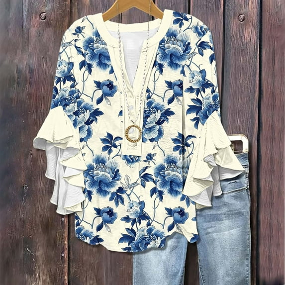 GaThRRgYP Women's Basic Short Sleeve Blouse - Summer Casual Top,Women's New 3/4 Lace Sleeve V-neck Button Casual Print Loose Top Multicolor S