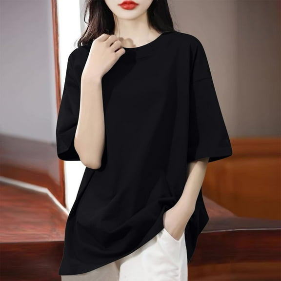 GaThRRgYP Women's Basic Short Sleeve Top - Summer Casual Blouse,Women's Solid Color Shoulder Down Short Sleeved Round Neck Loose Fashion Top Black XXL