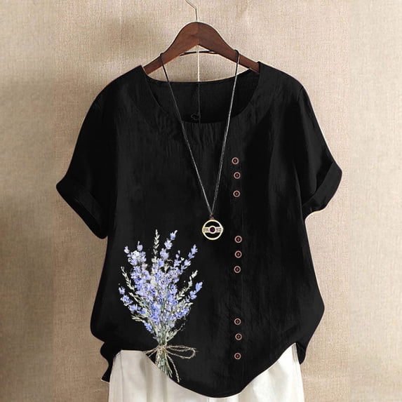 GaThRRgYP Women's Casual Short Sleeve Blouse - Summer Essential Top,Women Casual and Linen Round-Neck Top Printed Short Sleeve Button T-shirt Blouse Black M