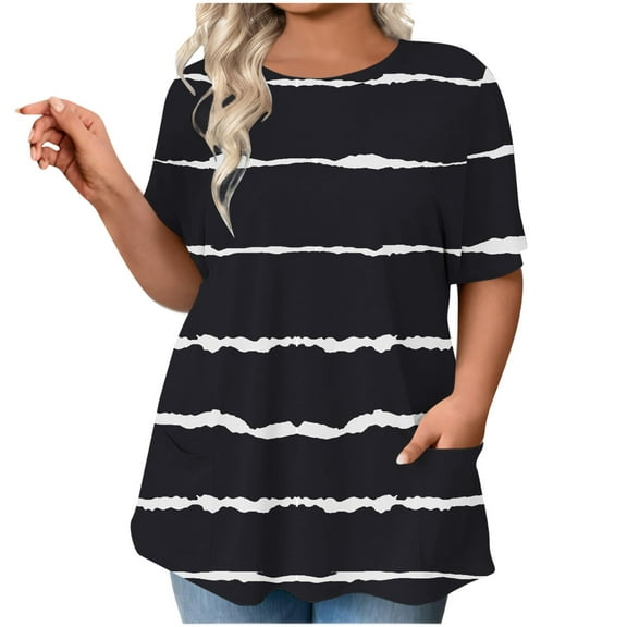 GaThRRgYP Women's Casual Short Sleeve T - Shirt Blouse - Summer Wear,Women's Plus Size Fashion Casual Pullover Short Sleeve Round Neck Button Shirt Blouses Black L