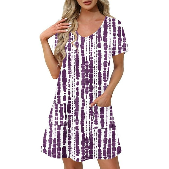 GaThRRgYP Women's Casual Slip Short Sleeve Dress,Women's Fashion Summer Print Short-sleeved V-neck Casual Dress Purple S