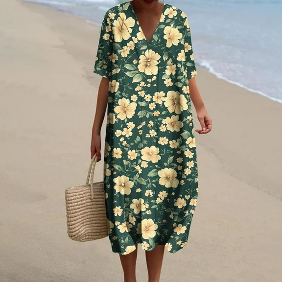 GaThRRgYP Women's Casual Tunic Short Sleeve Dress,Womens Summer Pockets Printing Dresses Loose V-Neck Short Sleeve Dresses Army Green XXXXXL