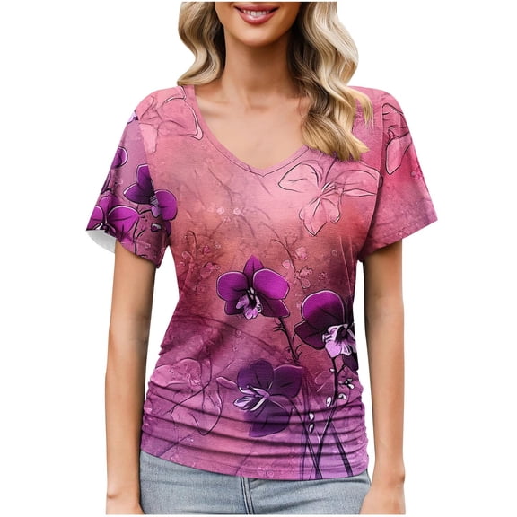 GaThRRgYP Women's Classic Short Sleeve Top,Fashion Women's Casual Short Sleeve Printing V-Neck Blouse Floral Ruched T-Shirt Casual Feminine Purple XXL
