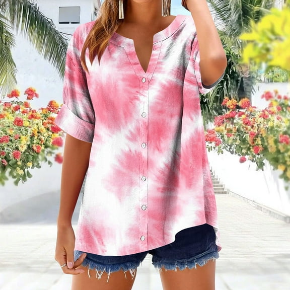 GaThRRgYP Women's Classic Short Sleeve Top,Women's V-neck Non Positioning Printed Summer Button Short Sleeved Loose and Fashionable T-shirt Top Pink L