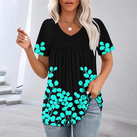 GaThRRgYP Women's Cotton Short Sleeve Summer Top - Soft Blouse,Women's Casual Printing Blouses Short Sleeved V-Neck Summer Fashionable Pleated Top Blouse Blue XXL