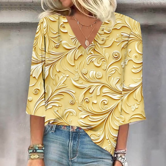 GaThRRgYP Women's Cotton Short Sleeve Summer Top - Soft Blouse,Women's Long Sleeve Summer V Neck Sexy Casual Regular Printed Blouse Yellow L