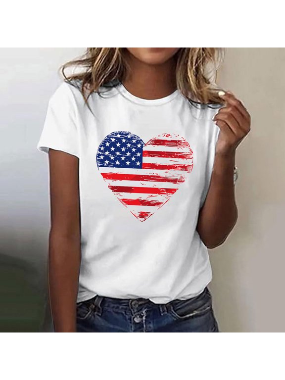 Women's Crew Neck Short Sleeve Top,Women's Fashion Independence Day Printed Round Neck Short Sleeve Multicolor M