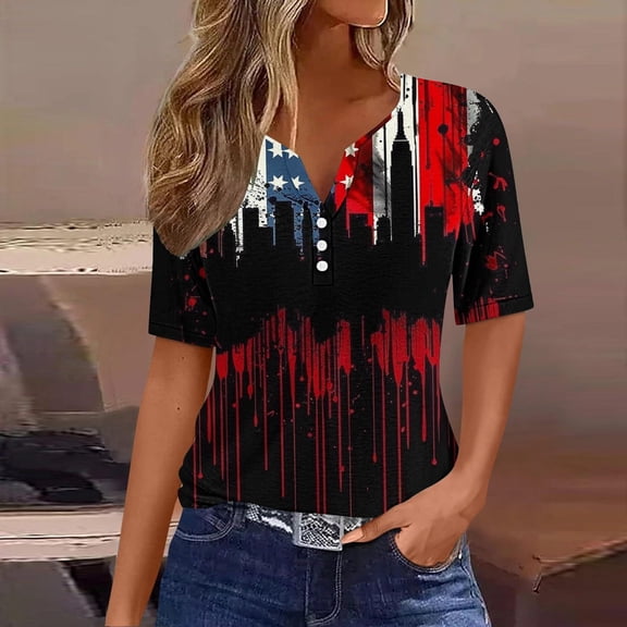 GaThRRgYP Women's Everyday Short Sleeve Top,Ladies' Independence Day Printed Button Up Three Quarter Sleeve 3/4 Sleeve V-neck Top/shirt Black XL