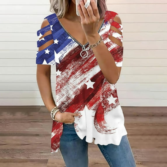 GaThRRgYP Plus Size Tops for Women,Womens Blouses and Tops Dressy,Womens Sexy V-neck Collar Zipper Color Short Sleeve Fold Casual Blouse Tops White#1 L