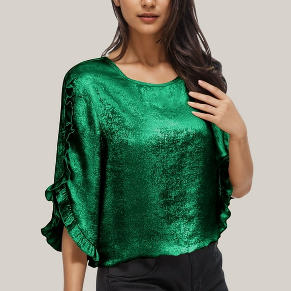 GaThRRgYP Women's Flowy Short Sleeve Top,Women's Fashionable Solid Color Round Neck Asymmetrical Ruffle Sleeve Long Sleeved Top Green M