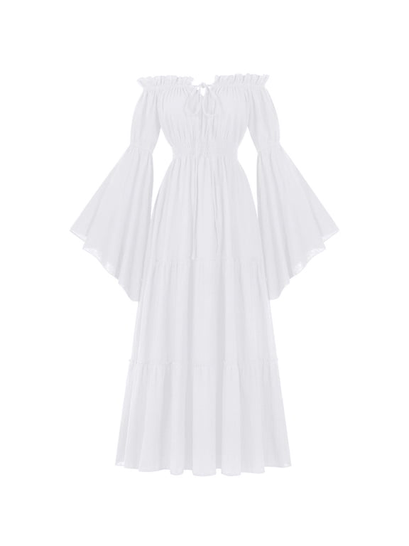 Women's Gothic Long Sleeve,Womens Onepiece Collar Exposed Shoulder Leaf Edge Long Sleeved and Floor Length Skirt White S