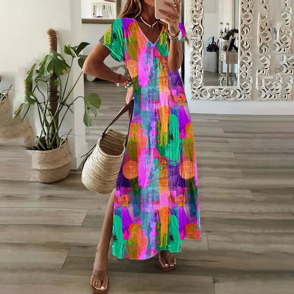 GaThRRgYP Women's Party Short Sleeve Dress,Womens Spring and Summer V-Neck Solid Casual Short Sleeved Long Dress Purple S