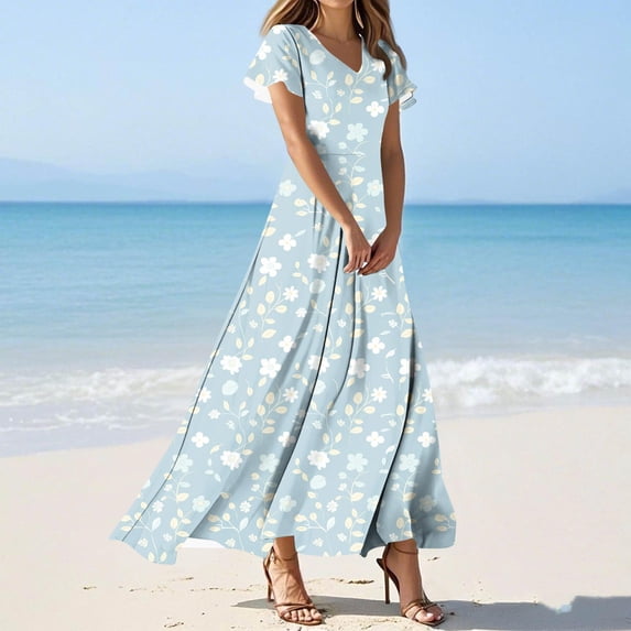 GaThRRgYP Women's Plus Long Sleeve Mini Dress, Fashion Casual Printed Slim Women Casual Short Sleeve V-Neck Knee-High Dress Light Blue XL